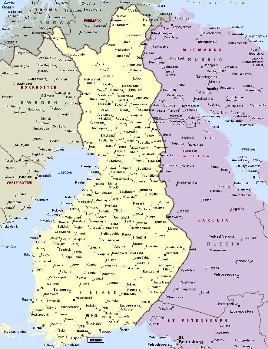 Suomijos žemėlapis, kuriame miestų